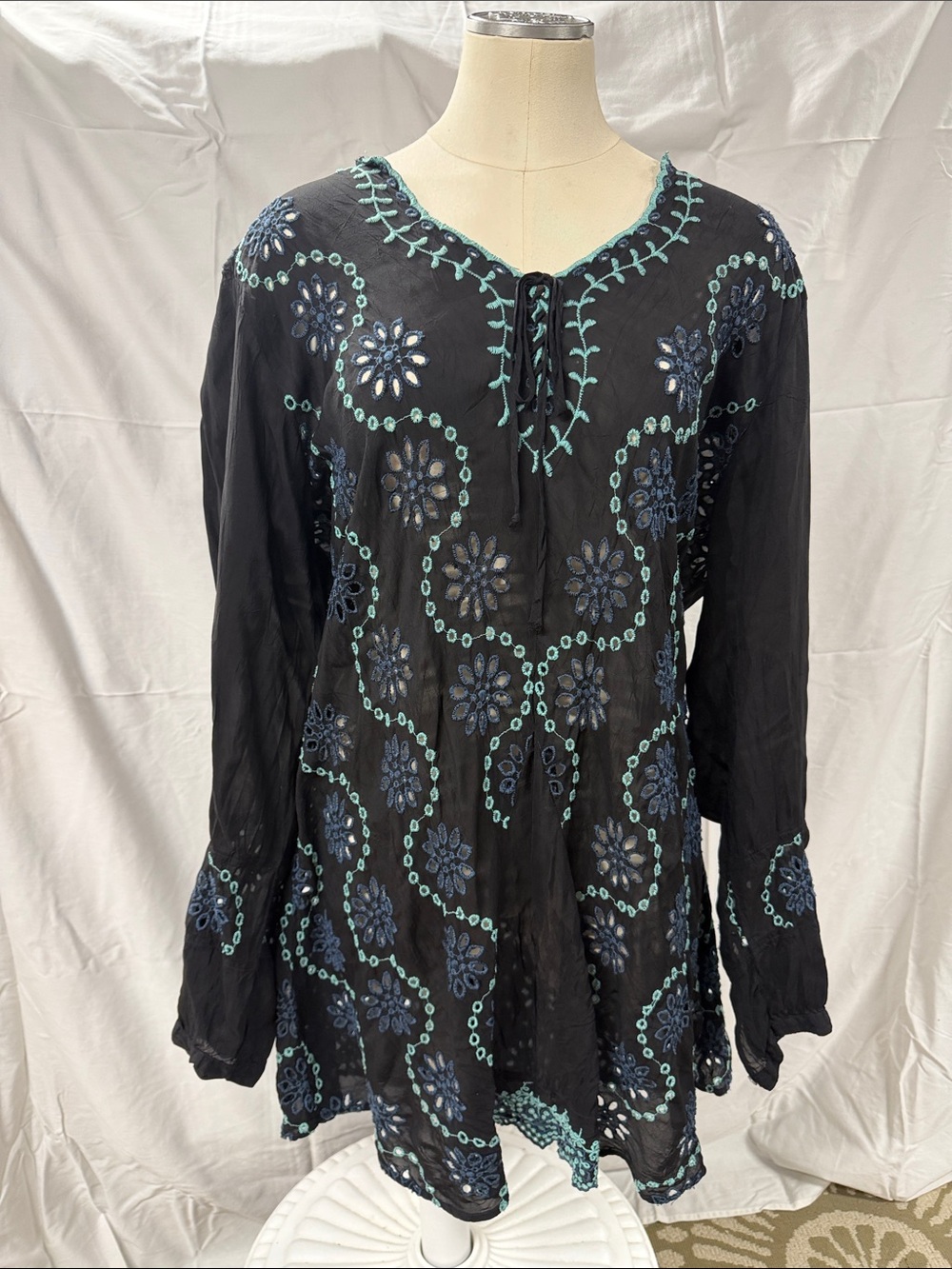 Johnny Was Black Tunic with Teal & Navy Embroidered Floral Motif